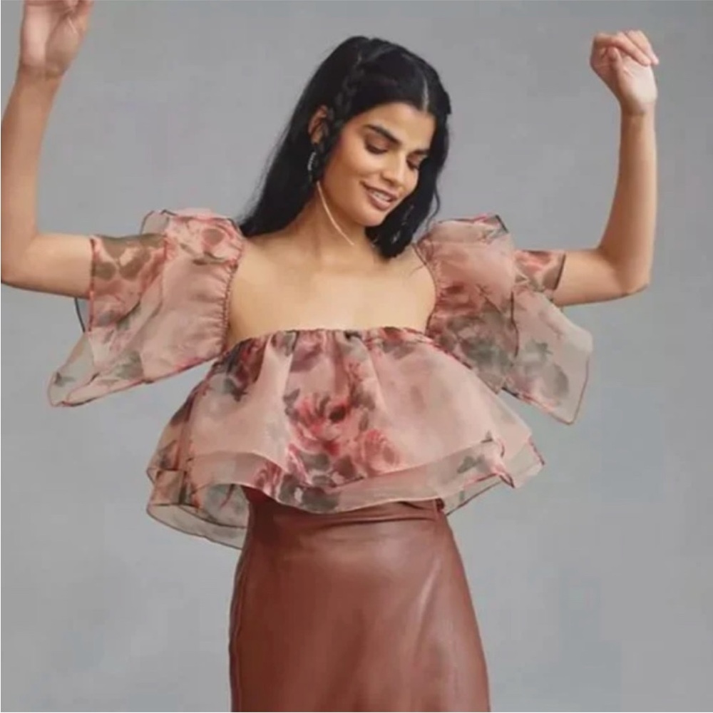 Anthropologie Dolan Floral Sheer Ruffle Blouse